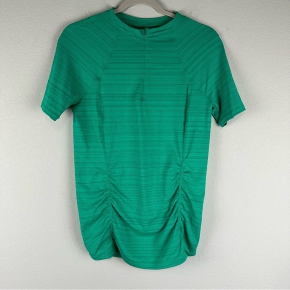 Athleta Green Pacifica Contoured 1/4 Zip Fitted Short Sleeve Tee Size Medium - Picture 1 of 7